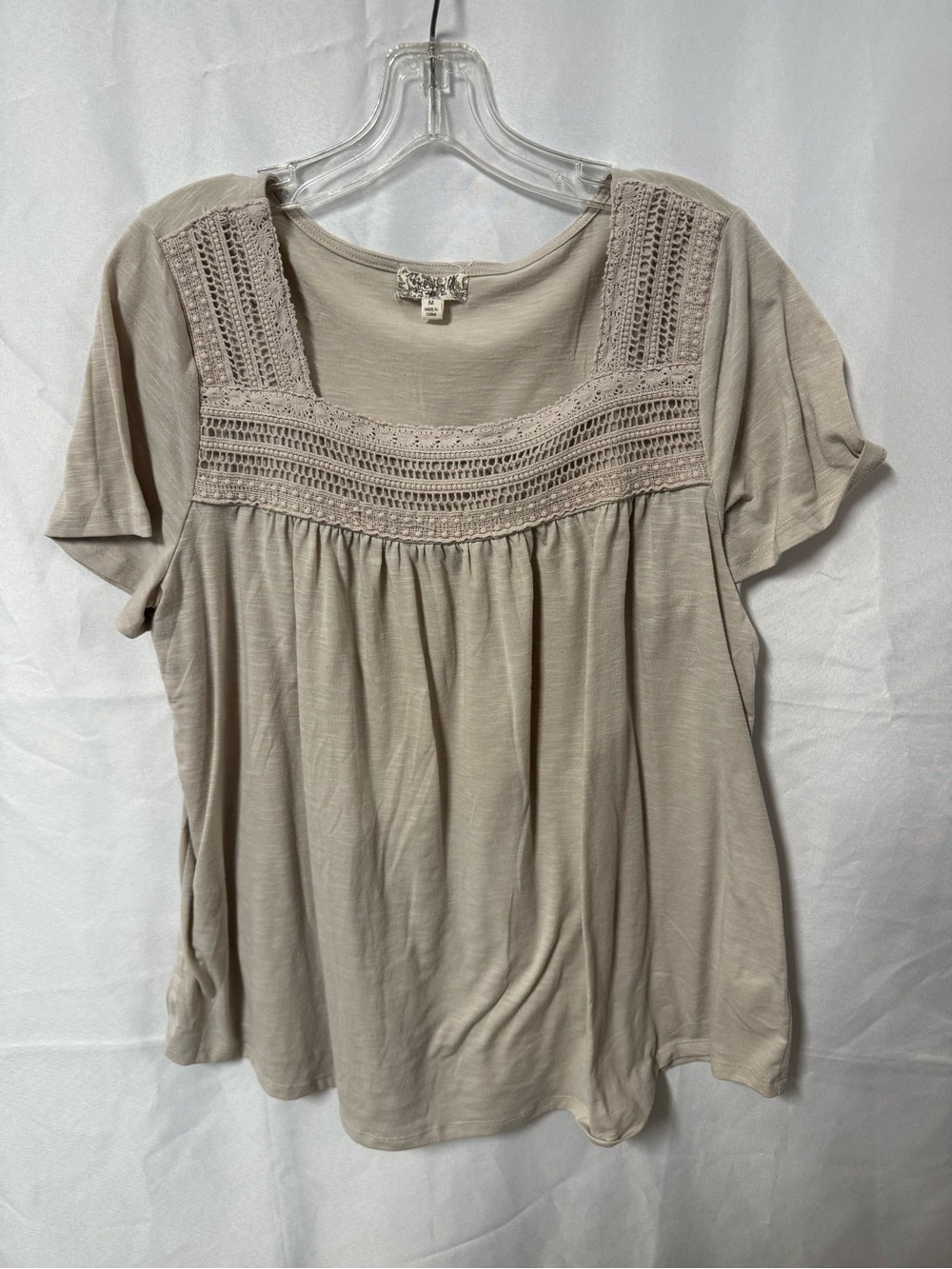 Crochet Yoke Short Sleeve Top - Taupe